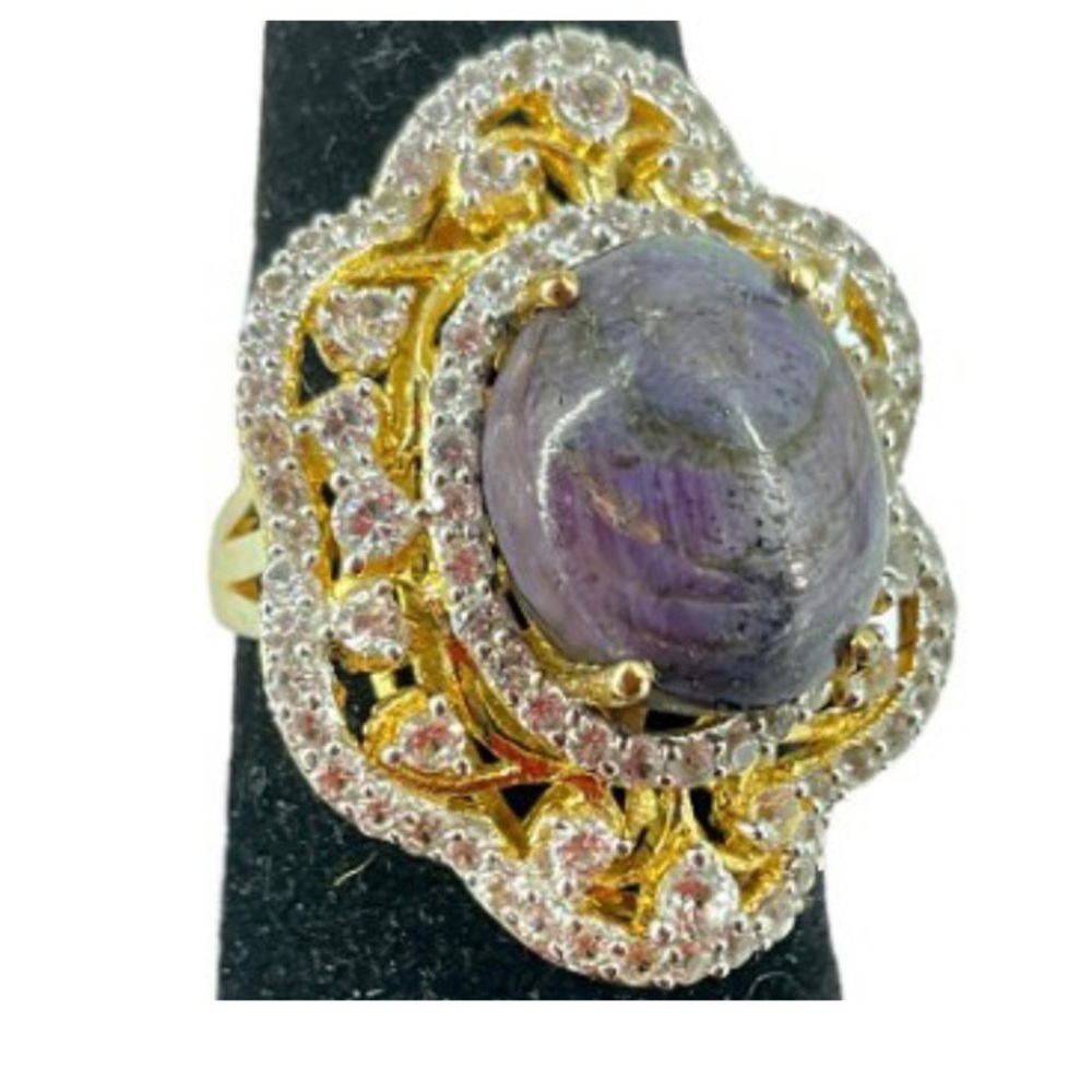 Gold over Sterling Silver gemstone cocktail ring purple clear sapphires size‎ 8